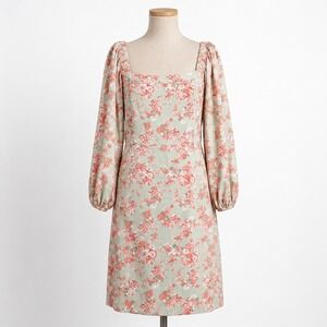 Anthropologie Floral Linen Puff Sleeve Peasant Dress XL Green Pink Boho Romantic